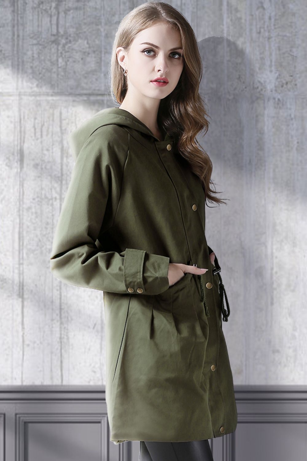 Plus Size Drawstring Waist Hooded Trench Coat