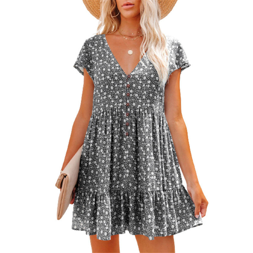 Printed V-Neck Buttoned Short Sleeve Mini Dress