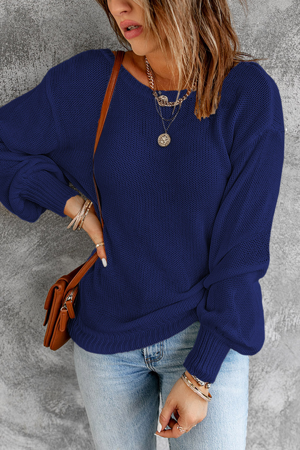 Tied Balloon Sleeve Round Neck Sweater