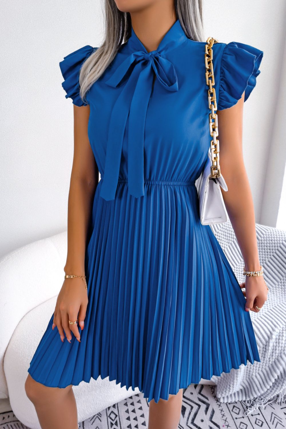 Tie Neck Butterfly Sleeve Pleated Dress