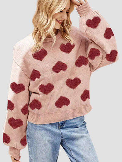 Heart Round Neck Dropped Shoulder Sweater