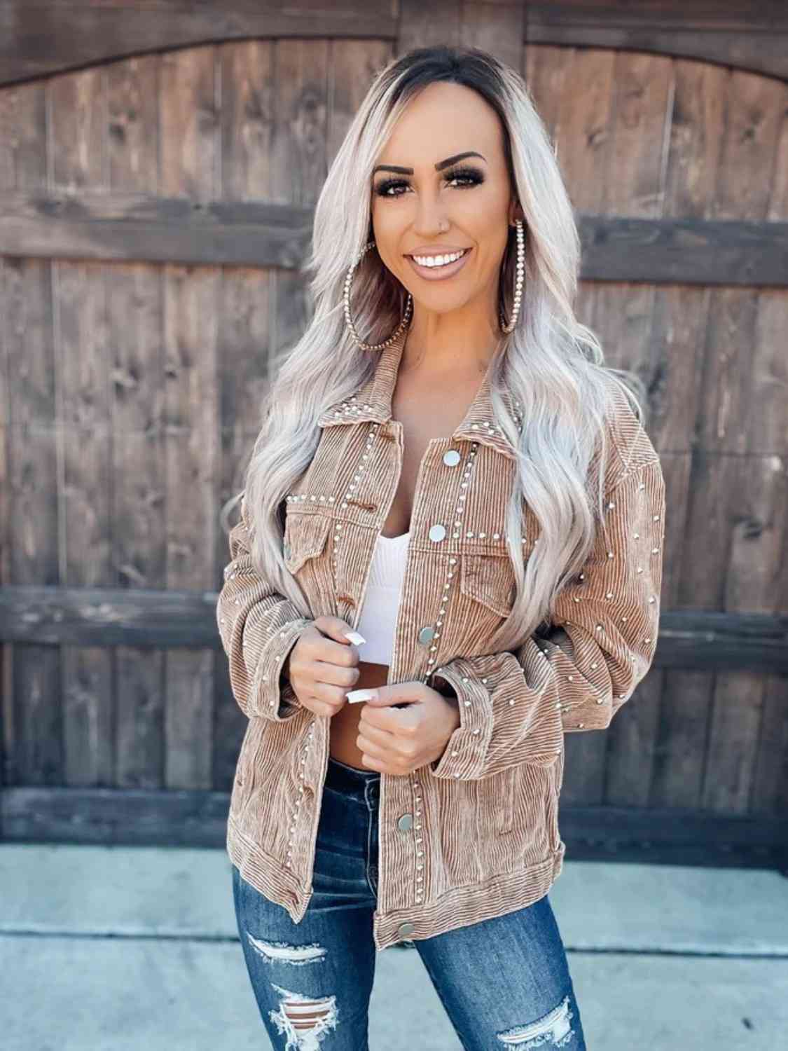 Studded Collared Neck Button Down Jacket