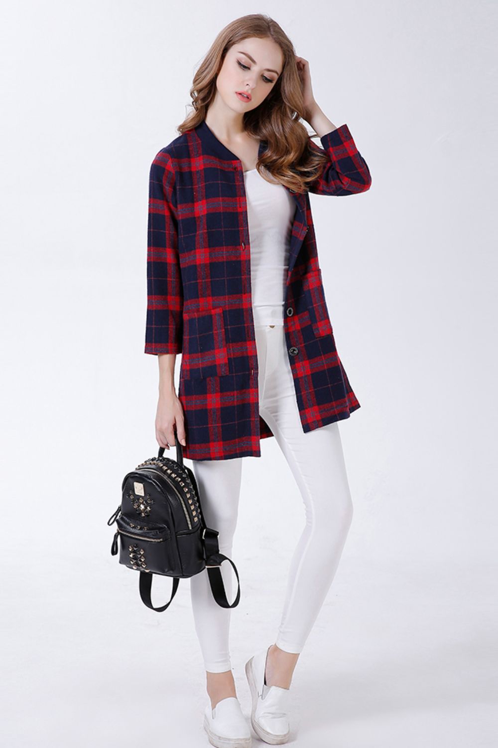 Full Size Plaid Button Down Longline Jacket with Pockets