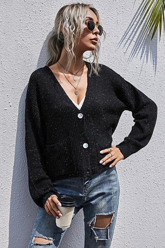 Button-Down Drop Shoulder Rib-Knit Cardigan