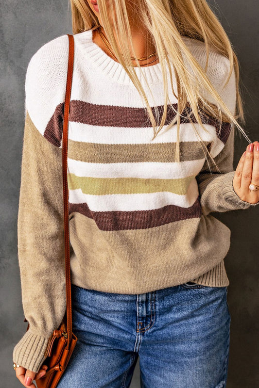 Striped Ribbed Trim Drop Shoulder Sweater