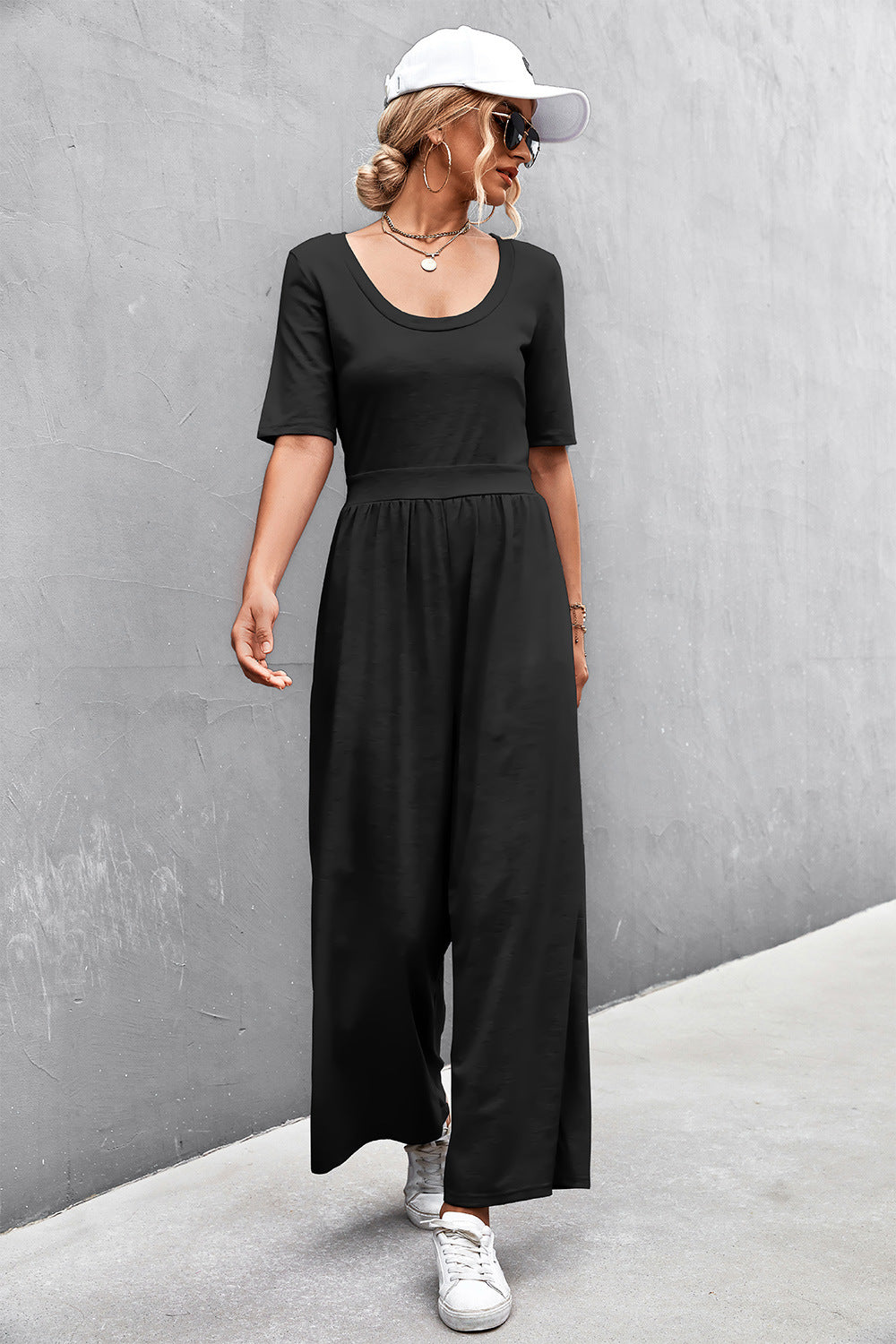 Scoop Neck Half Sleeve Wide Leg Jumpsuit