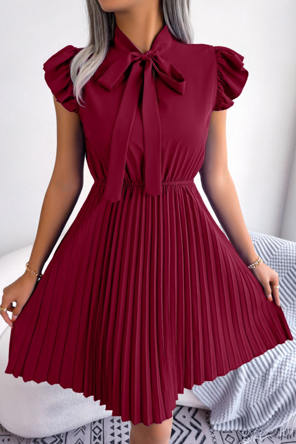 Tie Neck Butterfly Sleeve Pleated Dress