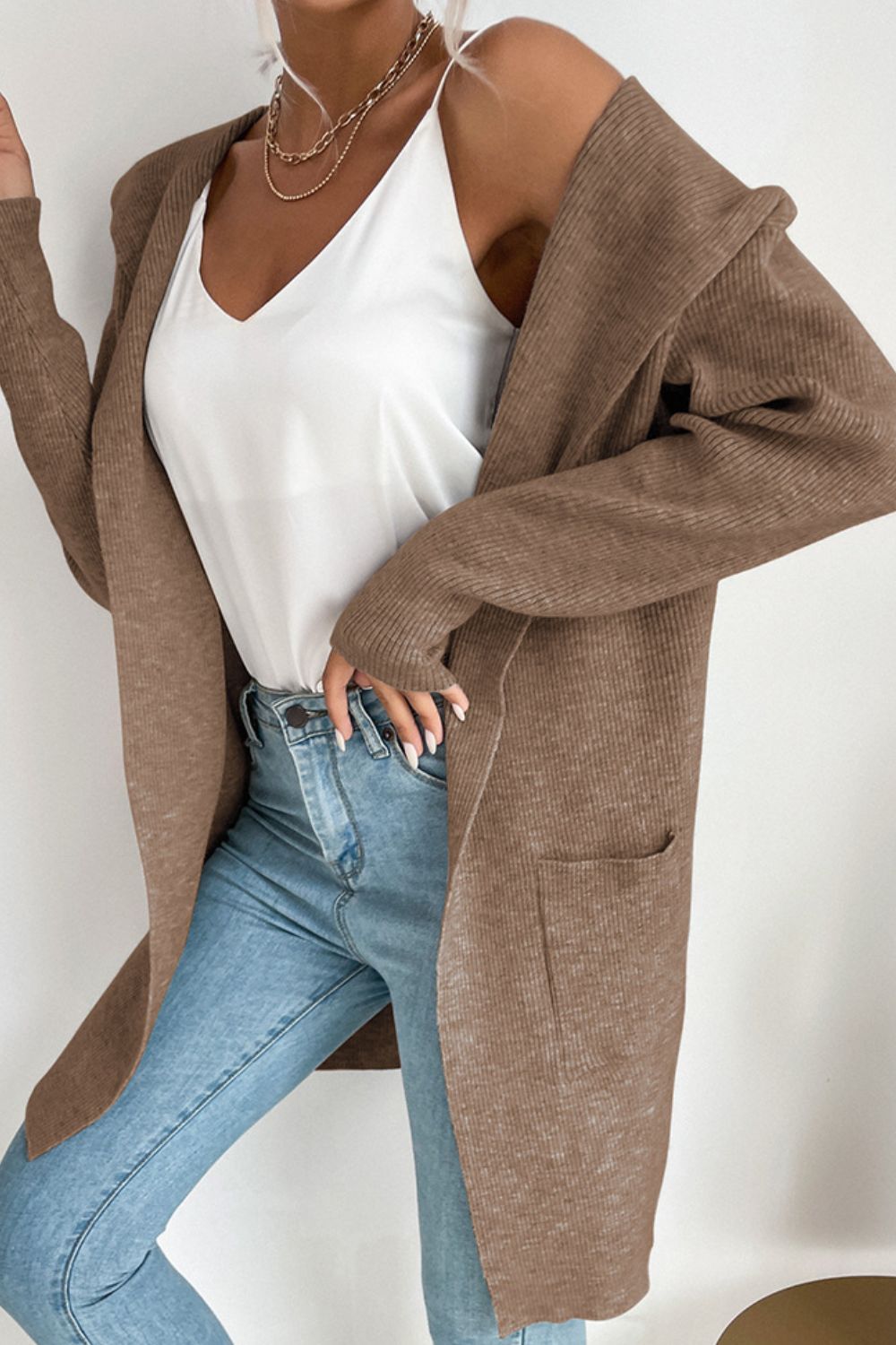 Ribbed Open Front Hooded Cardigan with Pockets