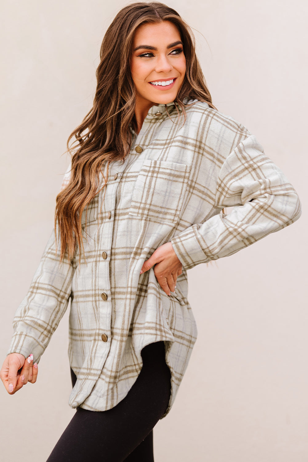 Plaid Curved Hem Dropped Shoulder Shirt Jacket