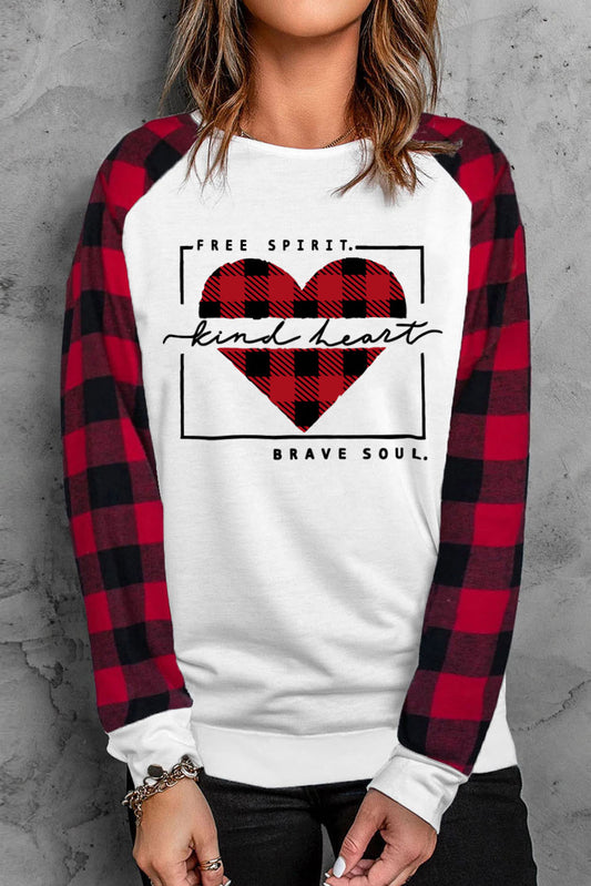 Plaid Heart Round Neck Sweatshirt