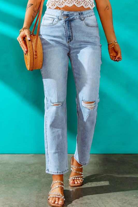 High Waist Distressed Straight Leg Jeans