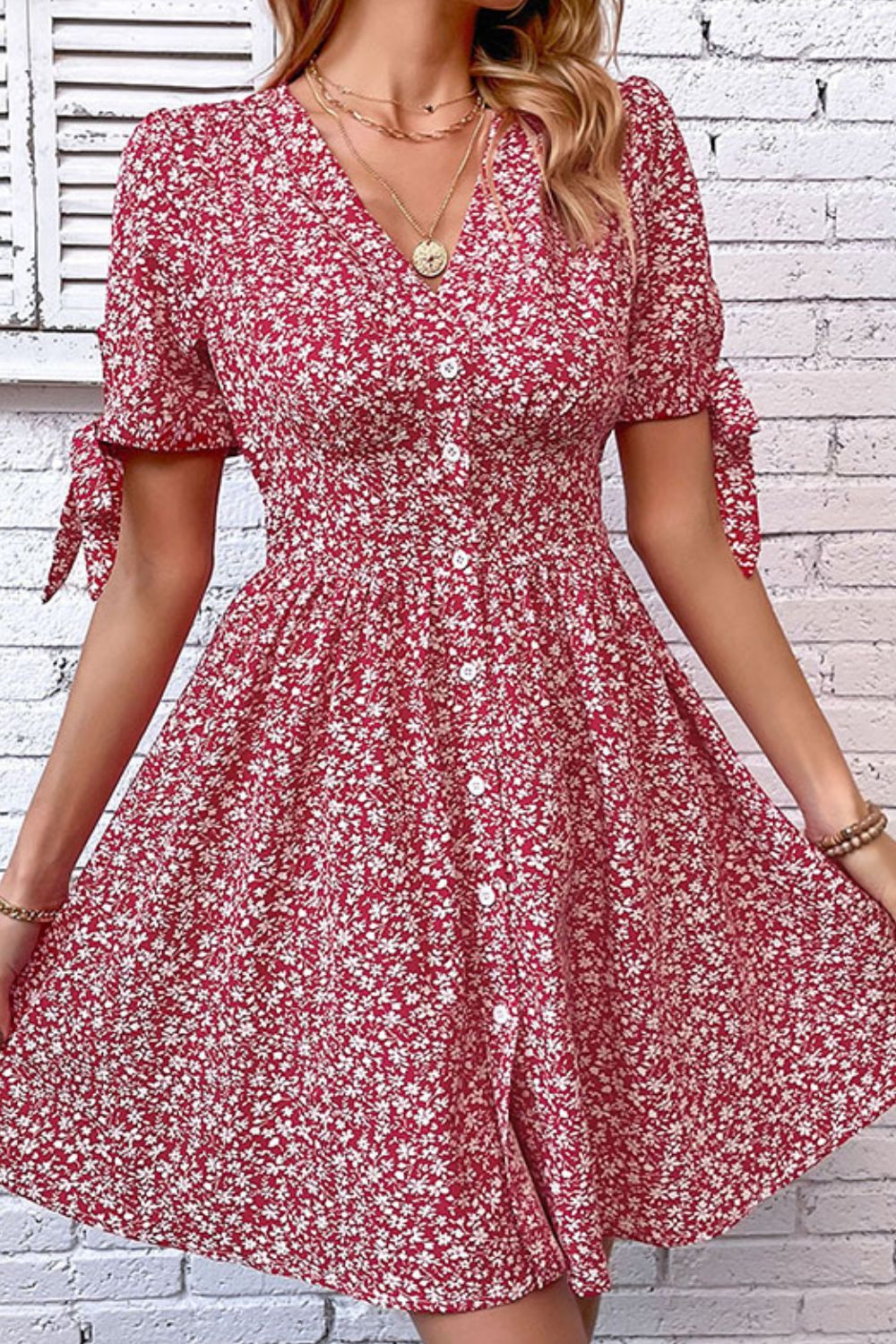 Ditsy Floral Tied Puff Sleeve Button Front Dress