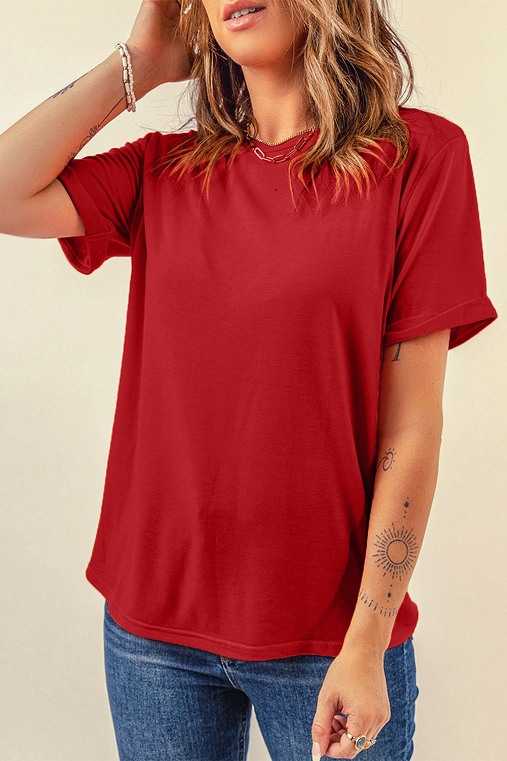 Round Neck Cuffed Short Sleeve Tee