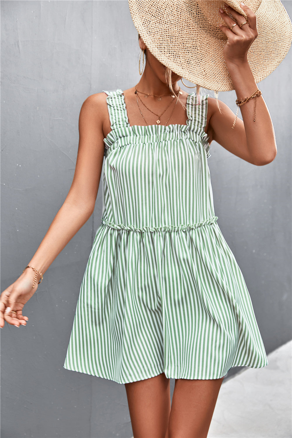 Striped Frill Trim Square Neck Dress