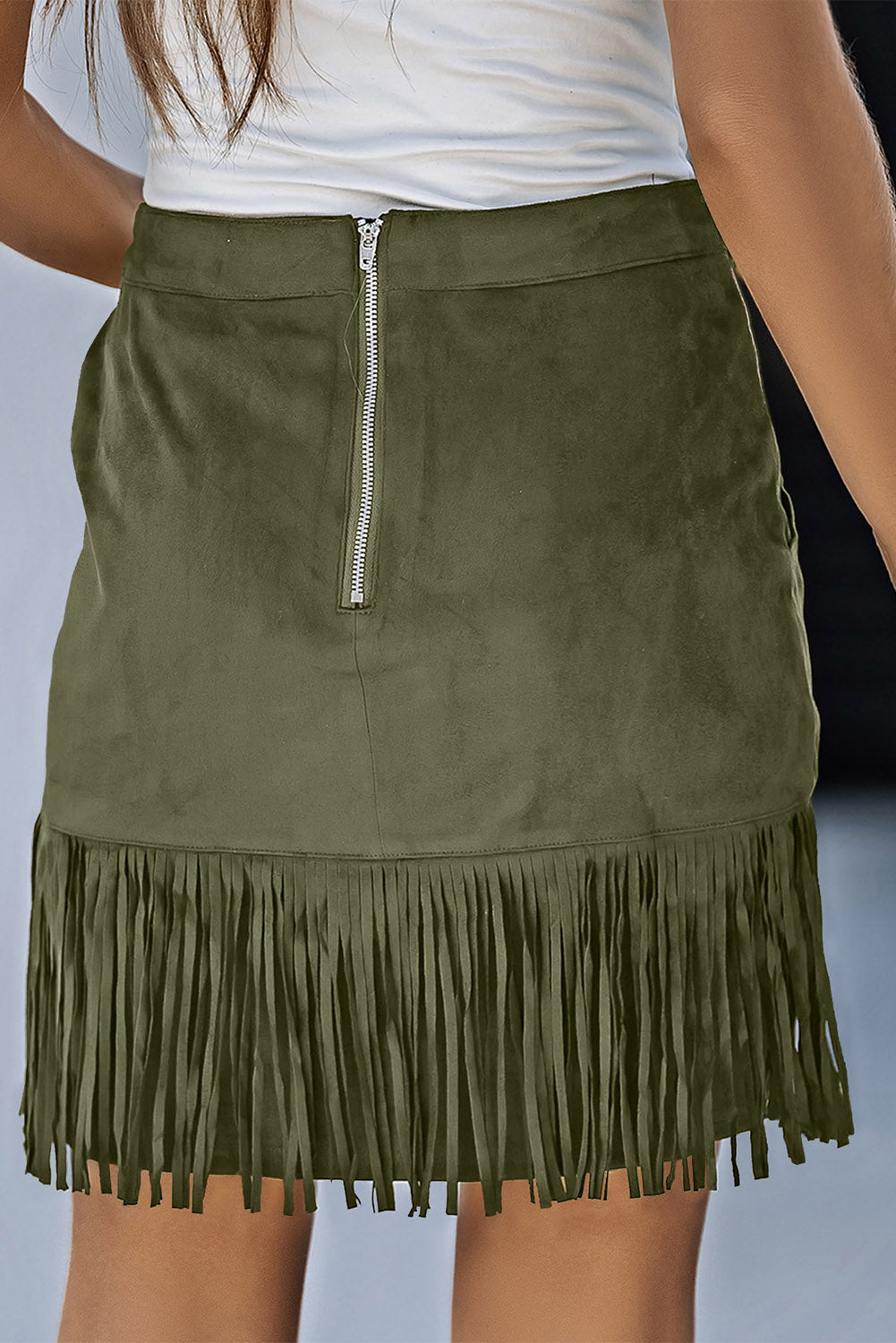 Fringe Detail Zip-Back Skirt with Pockets