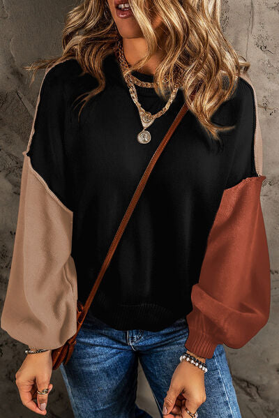 Contrast Round Neck Dropped Shoulder Sweater