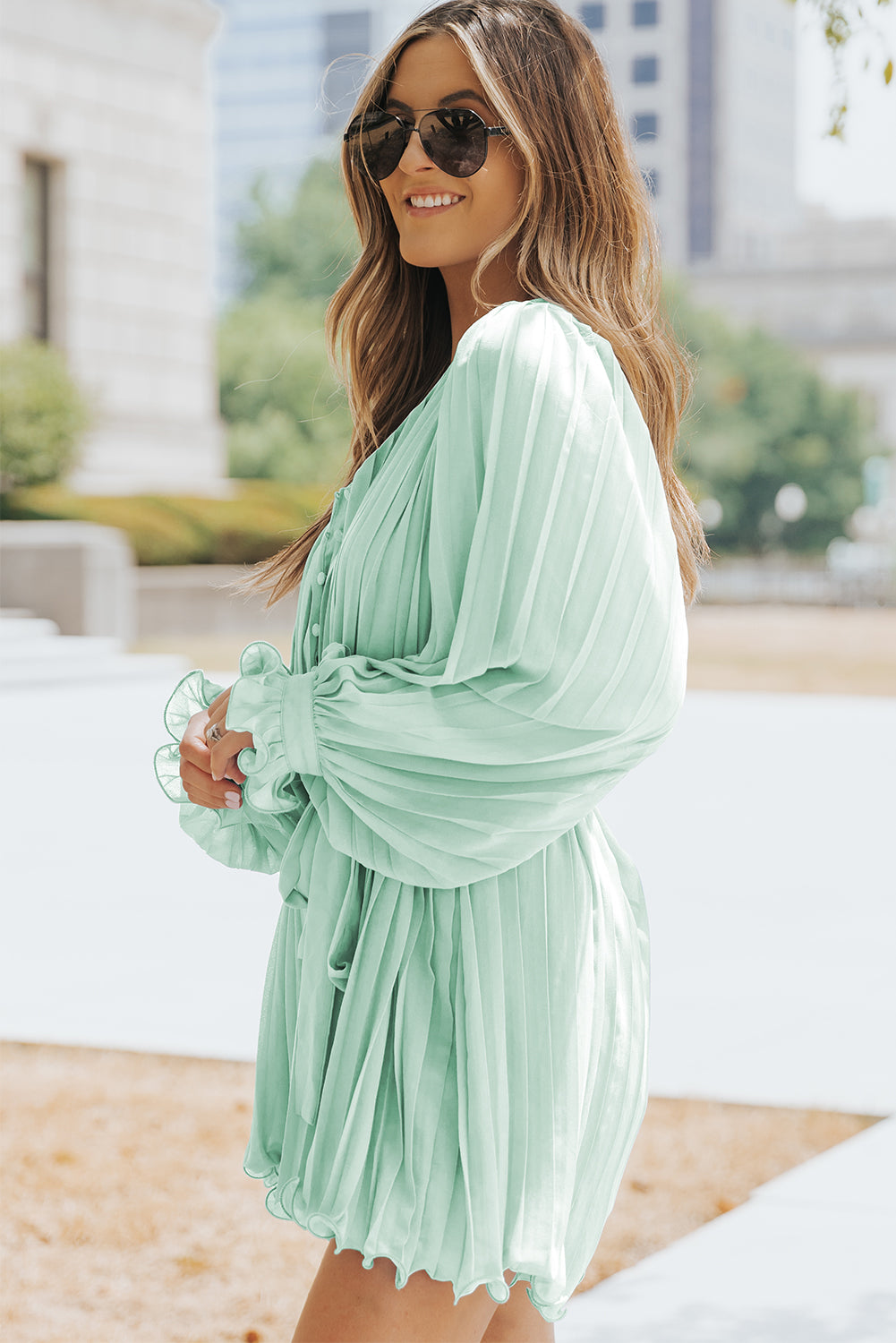 Pleated Button Front Flounce Sleeve Romper