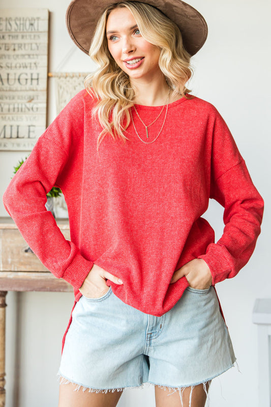 Round Neck Drop Shoulder Slit Tunic Sweatshirt