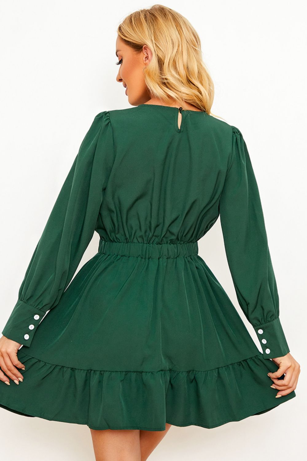 Round Neck Puff Sleeve Ruffle Hem Dress