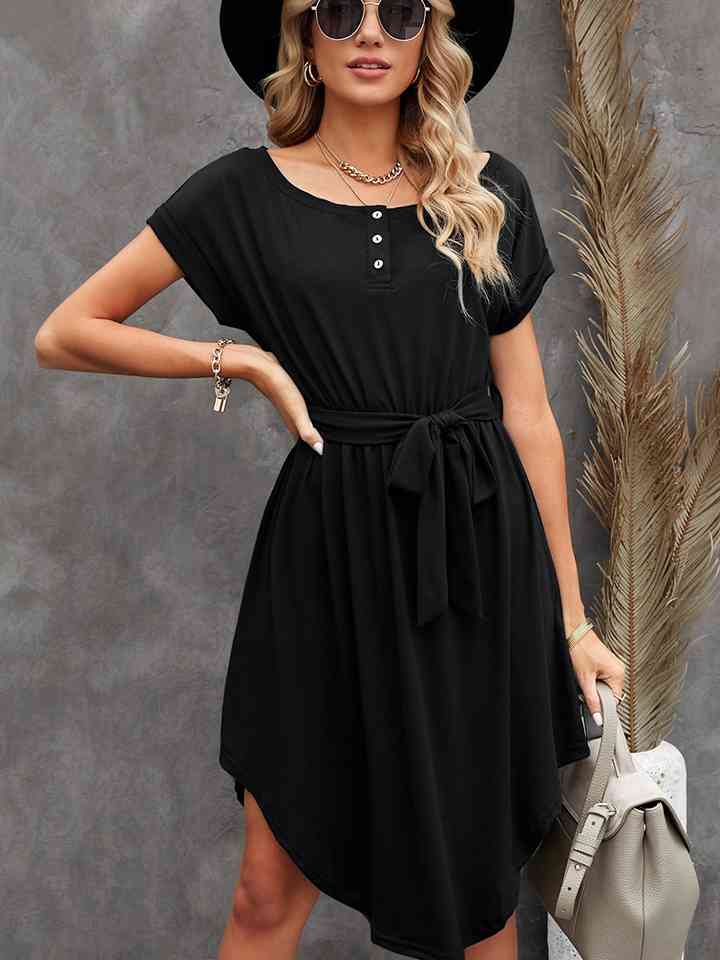 Tie-Waist Quarter Button Curved Hem Dress