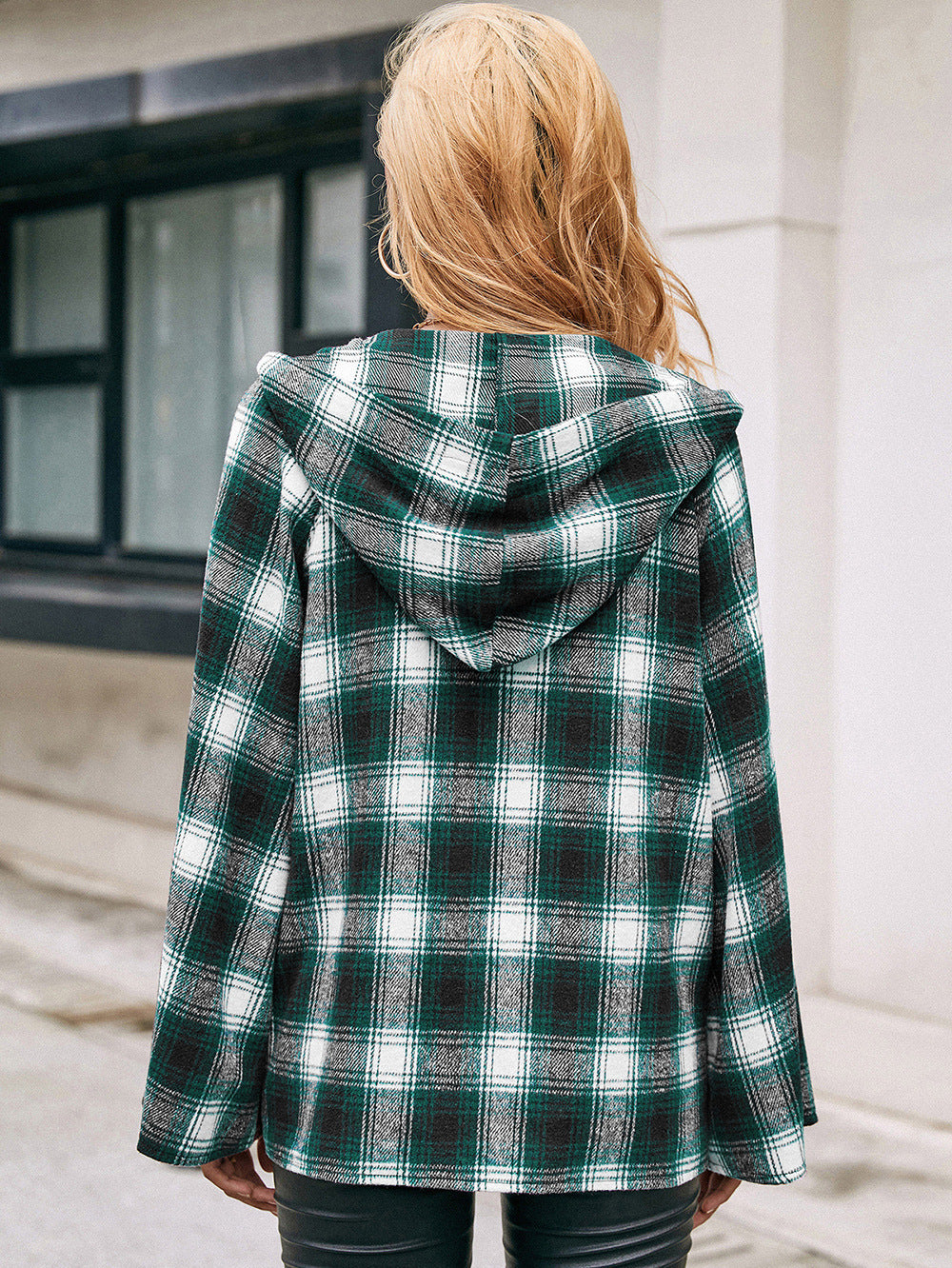 Plaid Drawstring Hooded Jacket