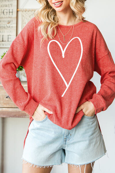 Slit Waffle-Knit Boat Neck Long Sleeve Sweatshirt