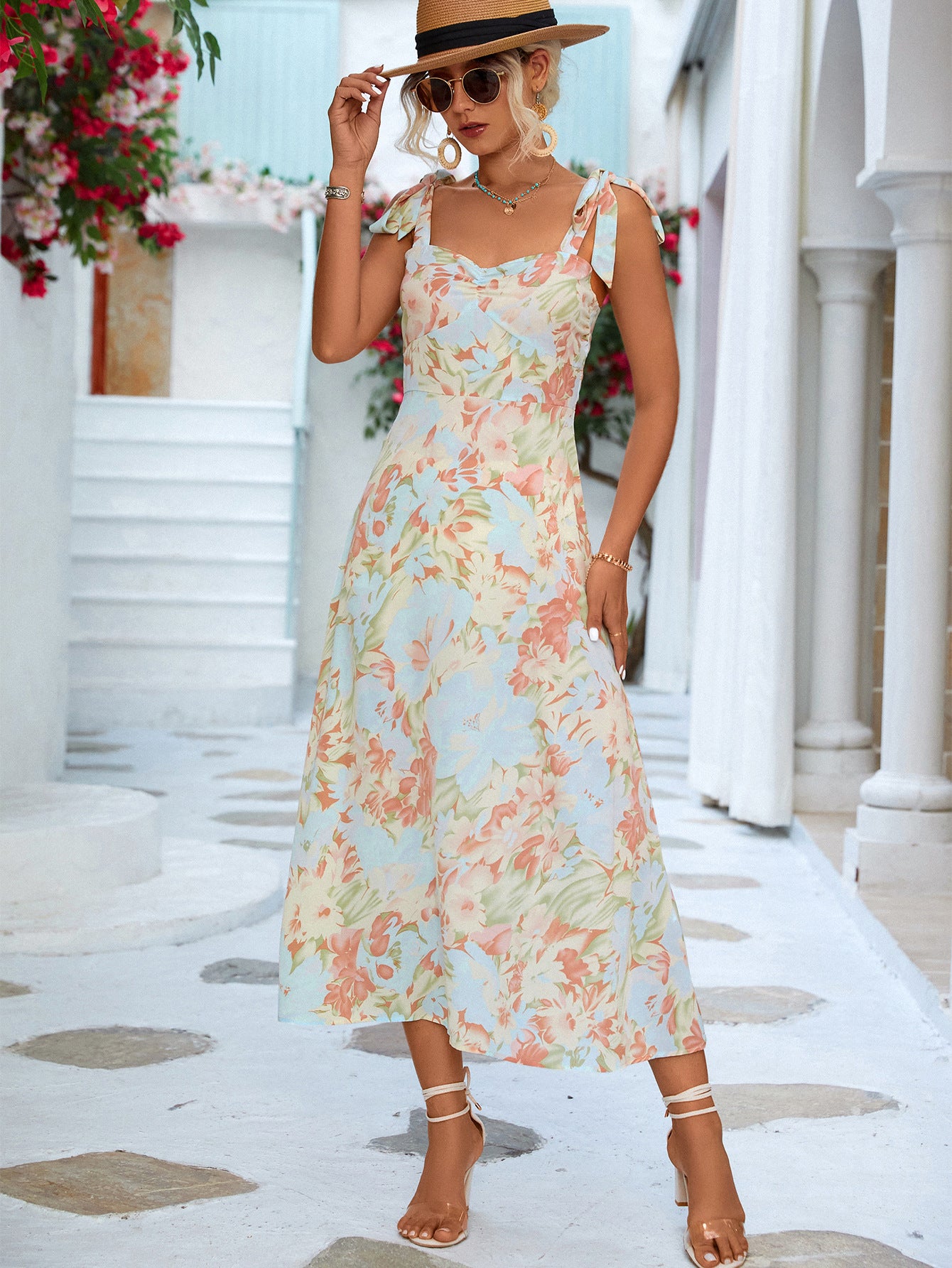 Floral Tie-Shoulder Sweetheart Neck Dress