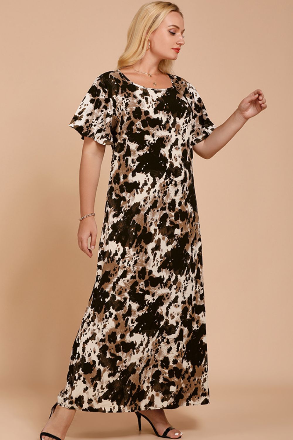 Plus Size Printed Flutter Sleeve Maxi Dress