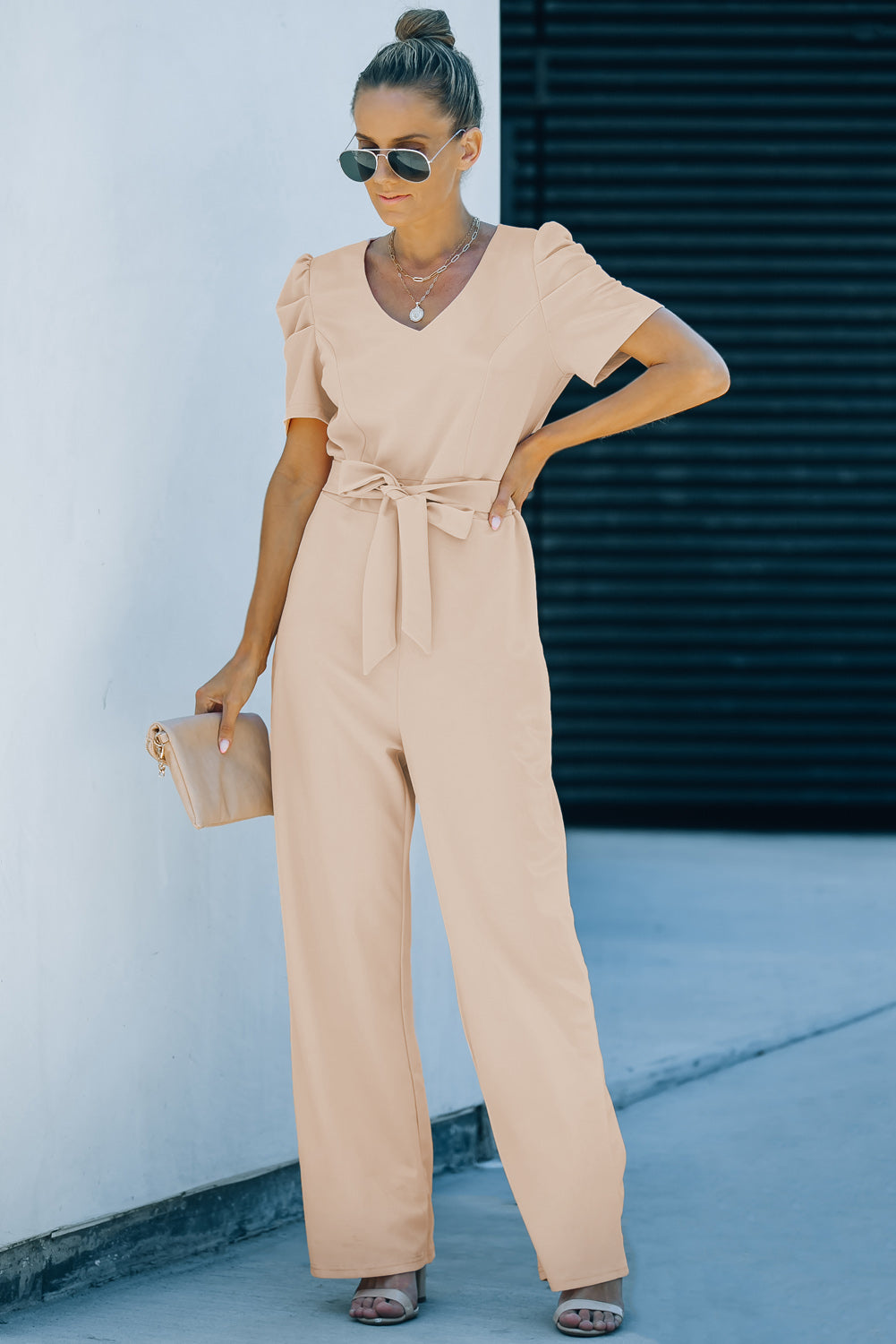 Belted Puff Sleeve V-Neck Wide Leg Jumpsuit