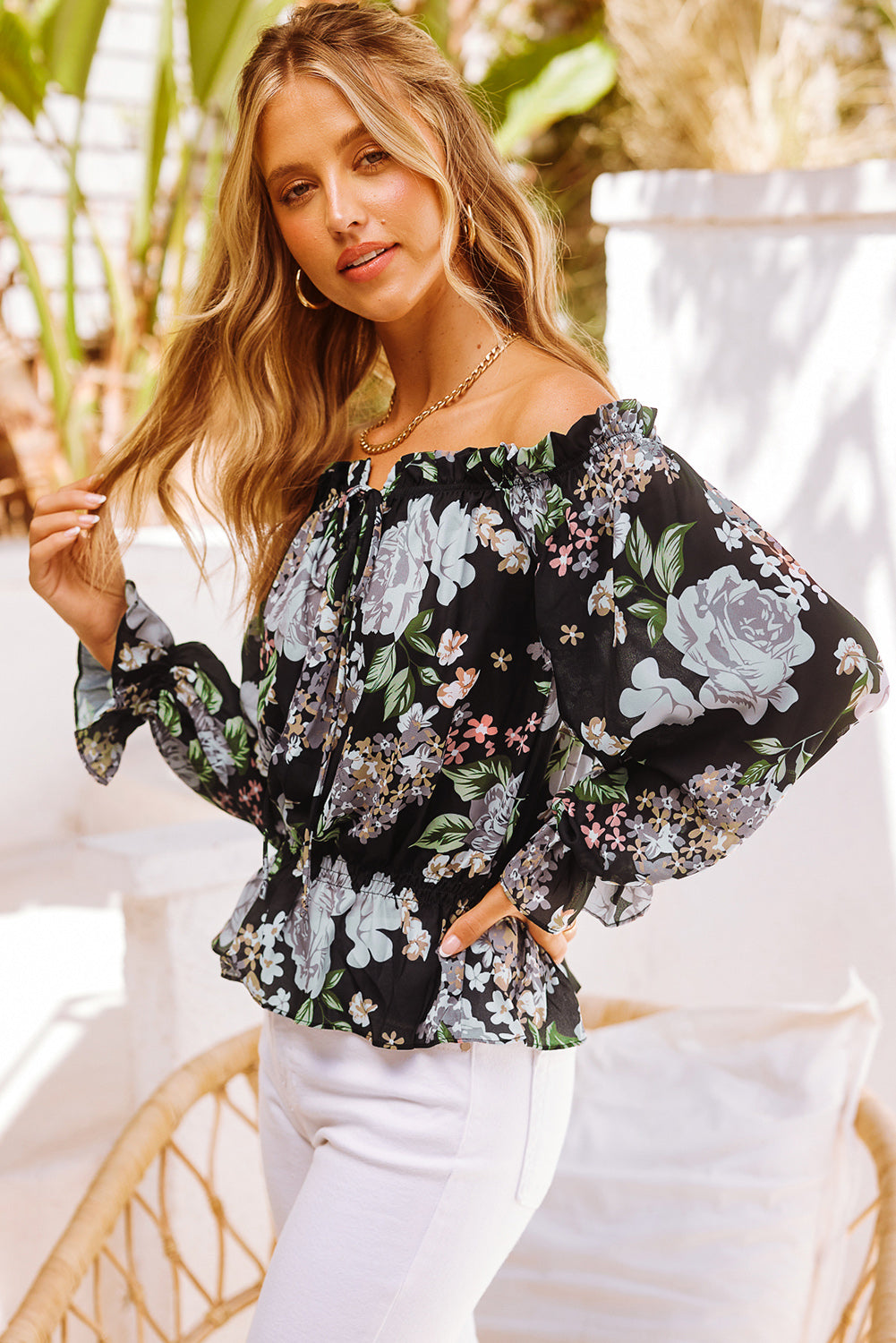 Floral Tied Off-Shoulder Flounce Sleeve Peplum Blouse