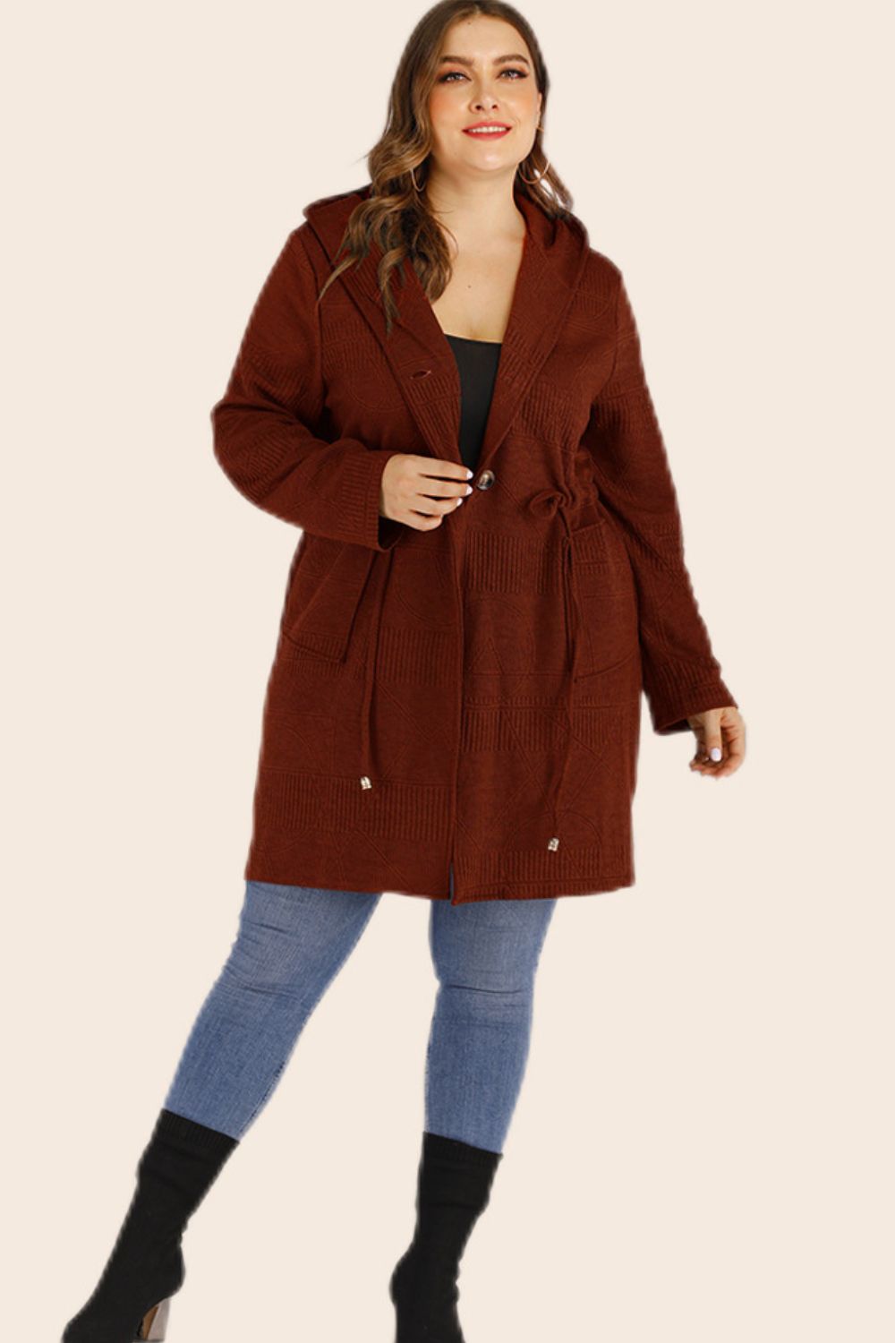 Plus Size Drawstring Waist Hooded Cardigan with Pockets