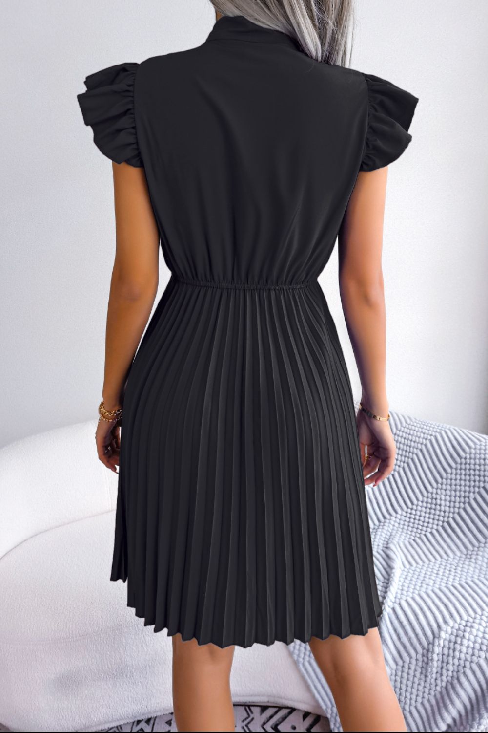 Tie Neck Butterfly Sleeve Pleated Dress