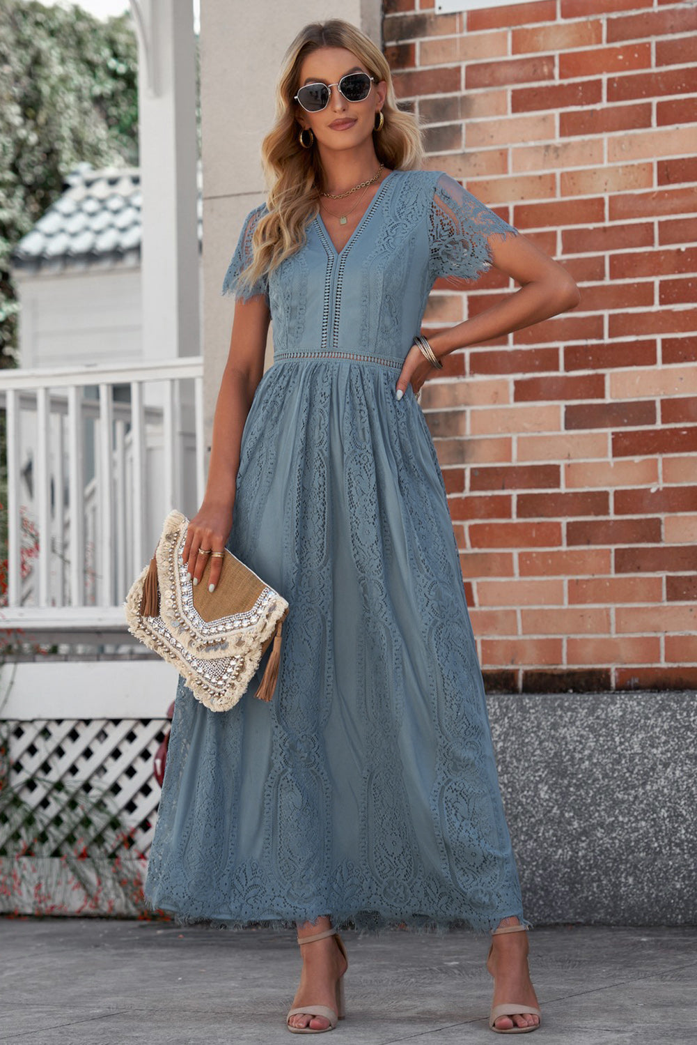 Scalloped Trim Lace Plunge Dress