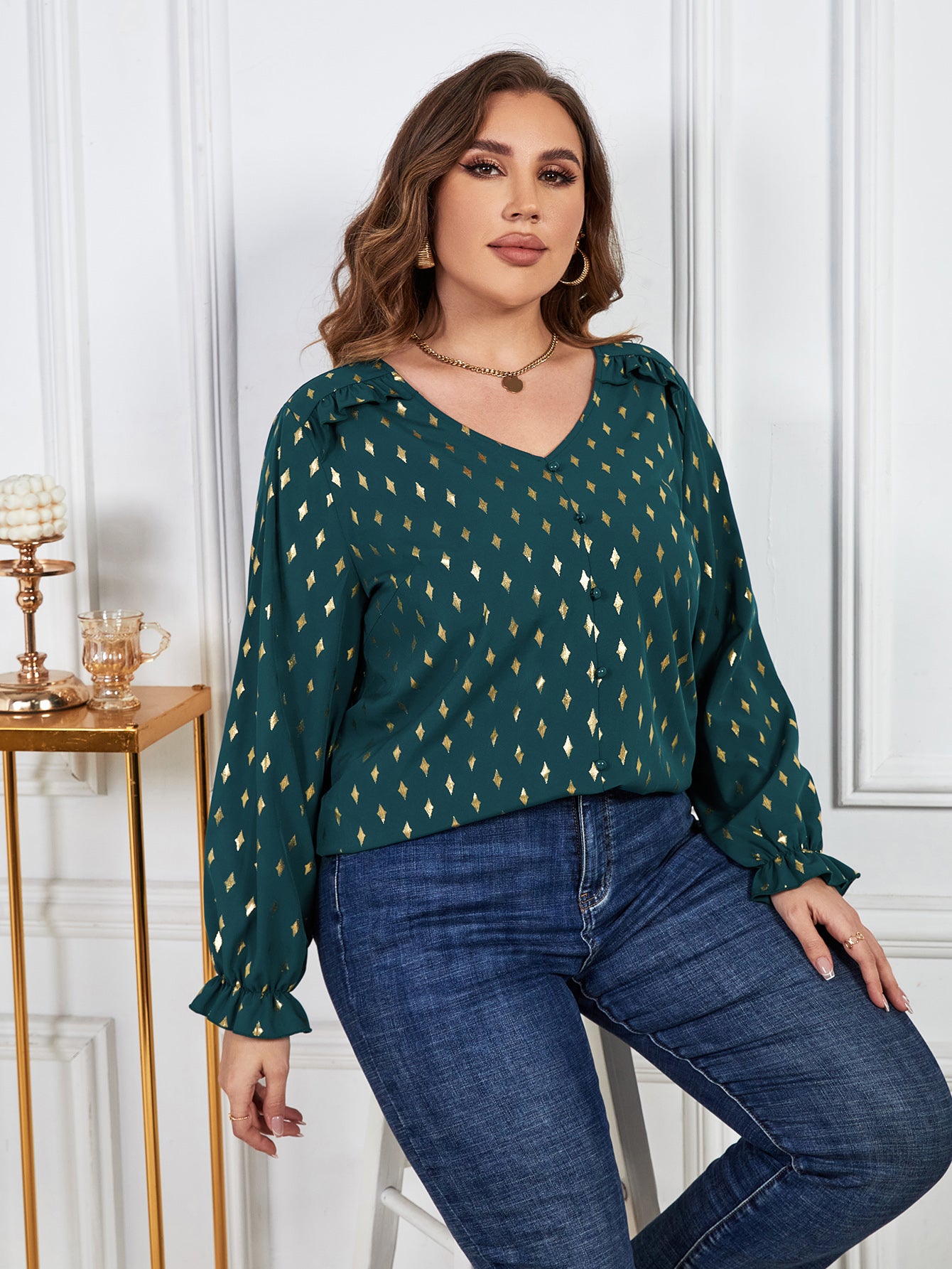 Plus Size Printed Frill Trim Flounce Sleeve Blouse