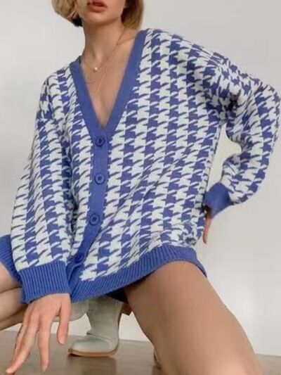 Houndstooth Button Up Long Sleeve Cardigan