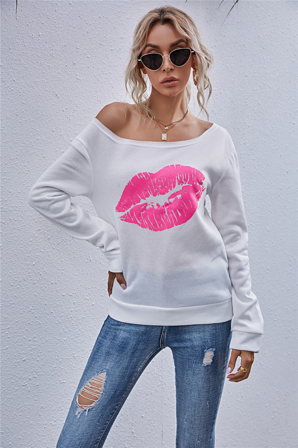 Lip Graphic Off-Shoulder Sweatshirt