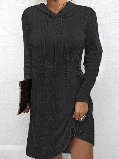 Textured Drawstring Long Sleeve Hooded Dress