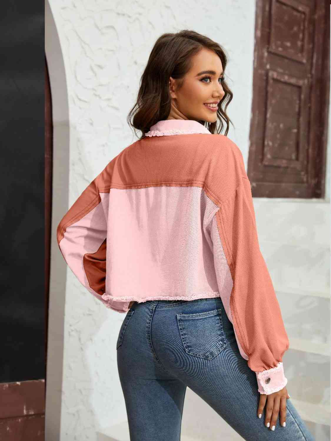 Color Block Crop Jacket with Pockets