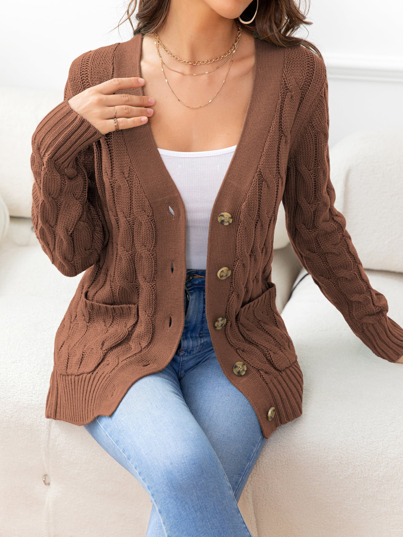 Button Down Cable-Knit Cardigan