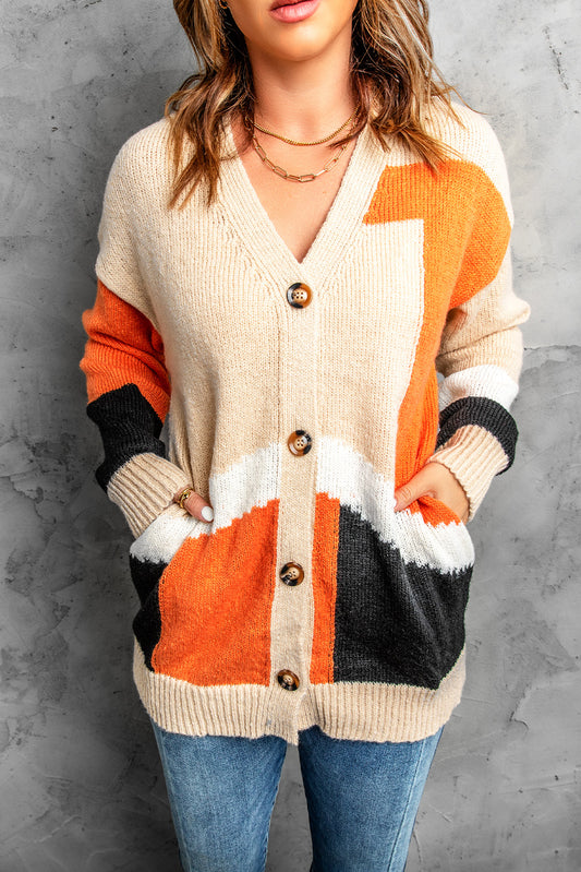 Color Block Drop Shoulder Button Down Cardigan with Pockets