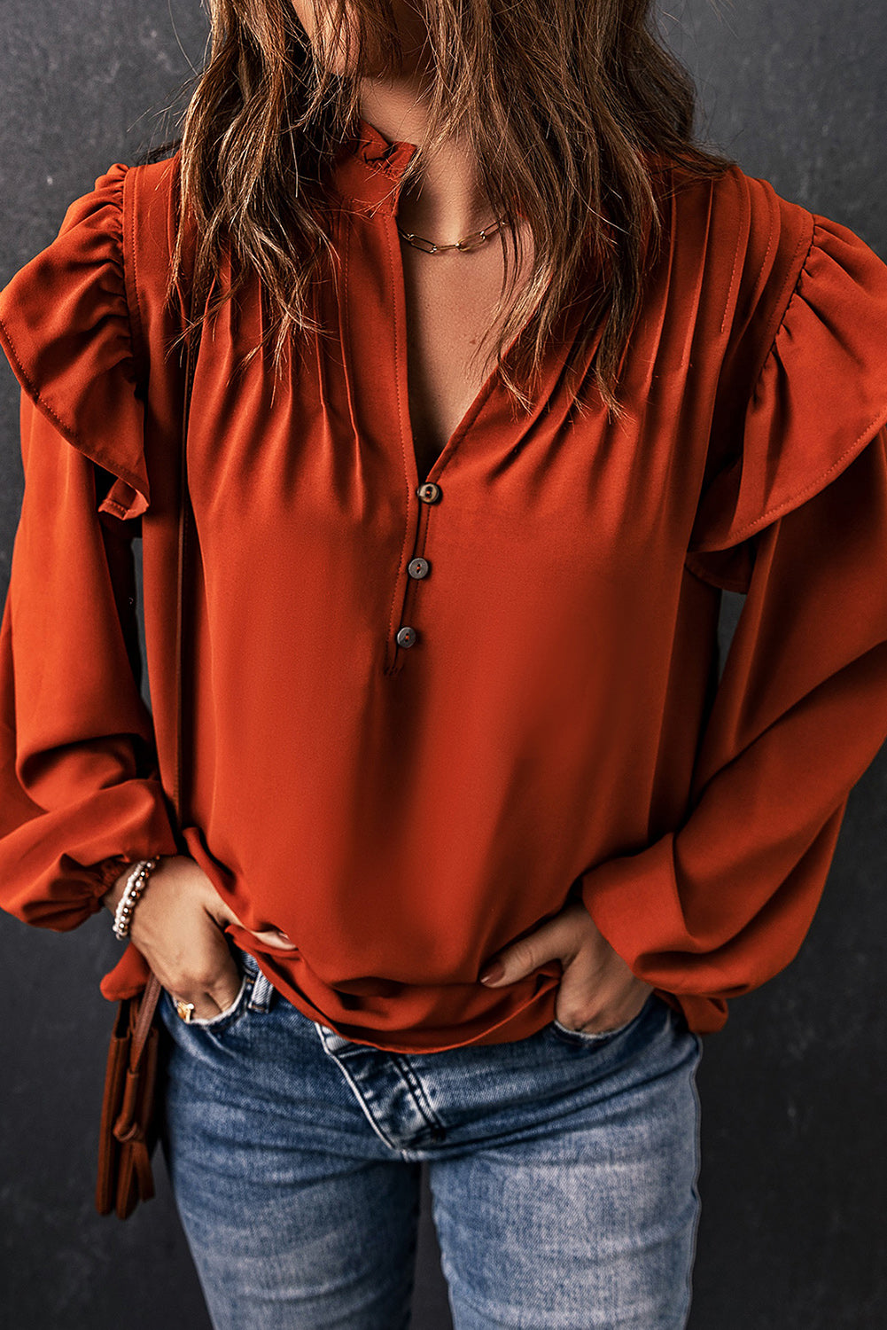 Ruffle Shoulder Buttoned Pleated Detail Blouse