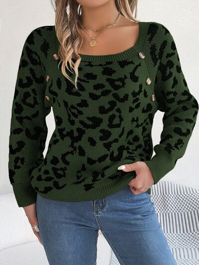 Leopard Buttoned Square Neck Sweater