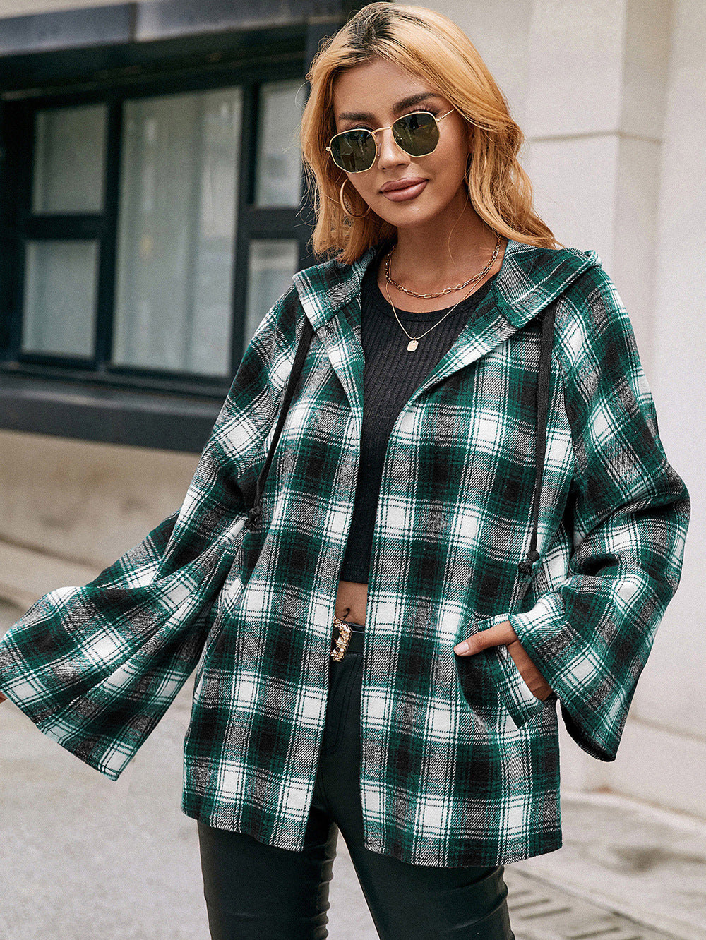 Plaid Drawstring Hooded Jacket