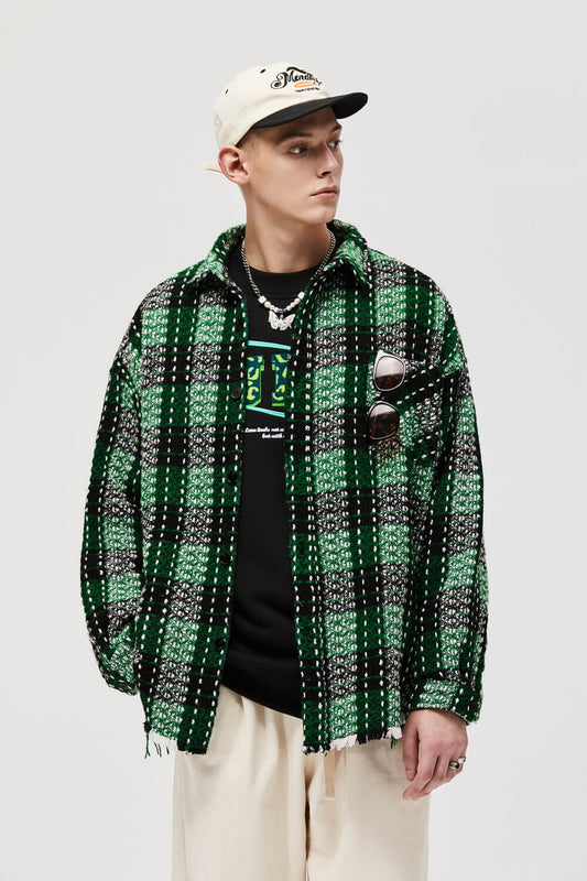 Plaid Raw Hem Shacket with Breast Pocket