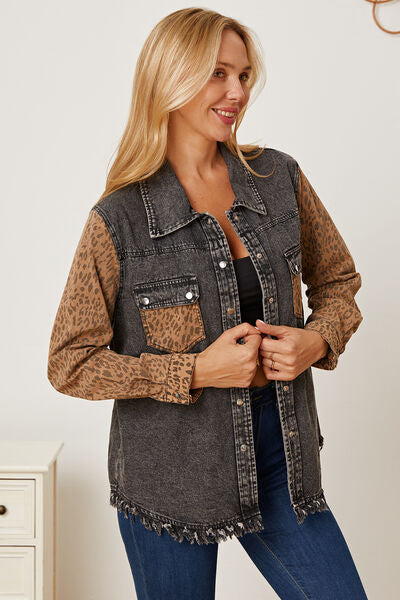 Leopard Raw Hem Pocketed Denim Jacket