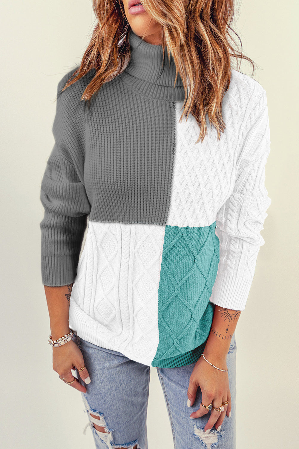 Color Block Drop Shoulder Turtleneck Pullover Sweater