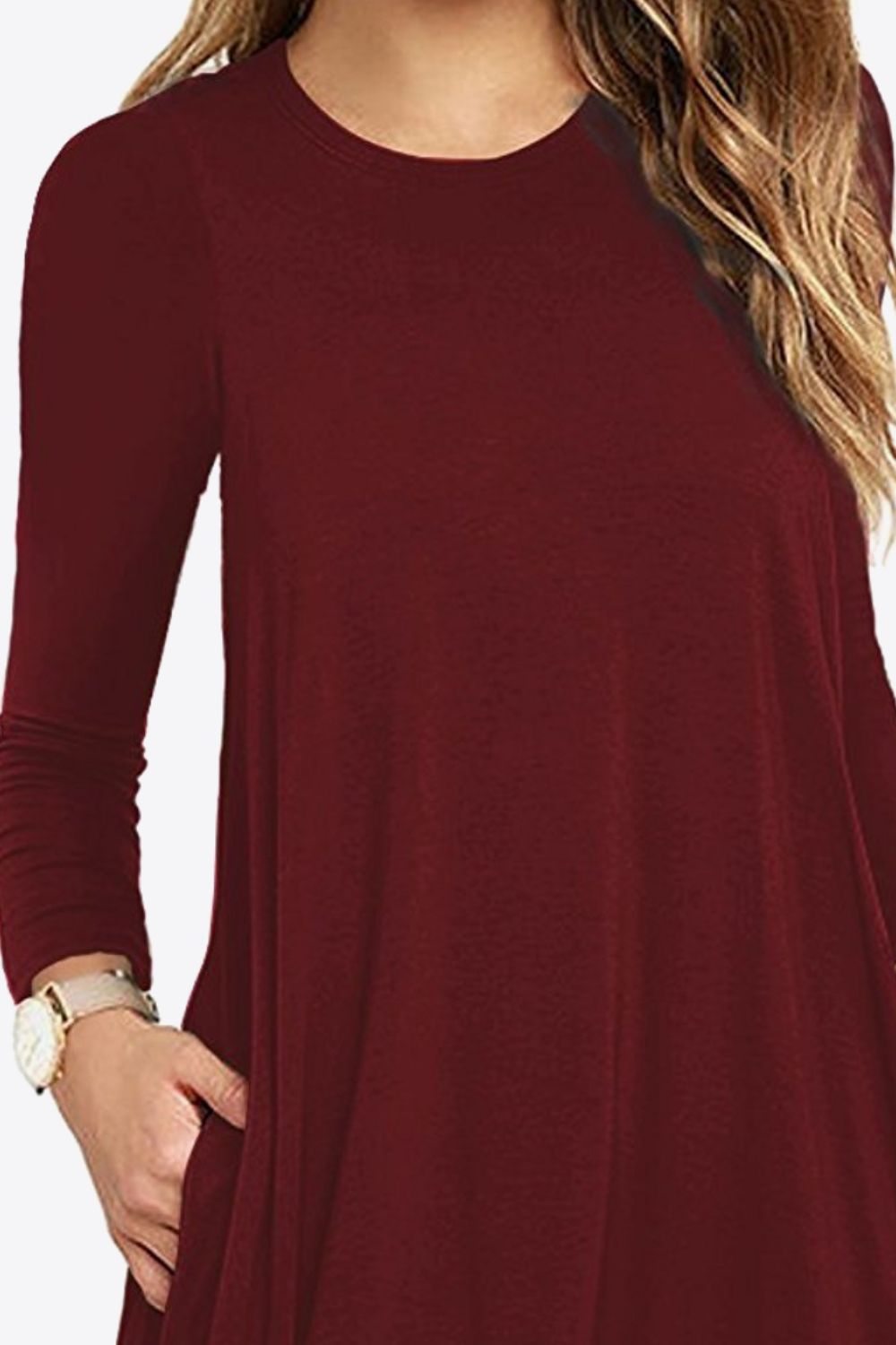 Full Size Long-Sleeve Round Neck Dress with Pockets