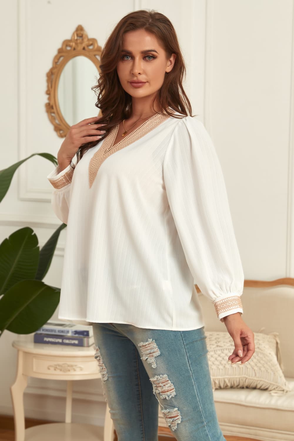 Plus Size V-Neck Puff Sleeve Blouse