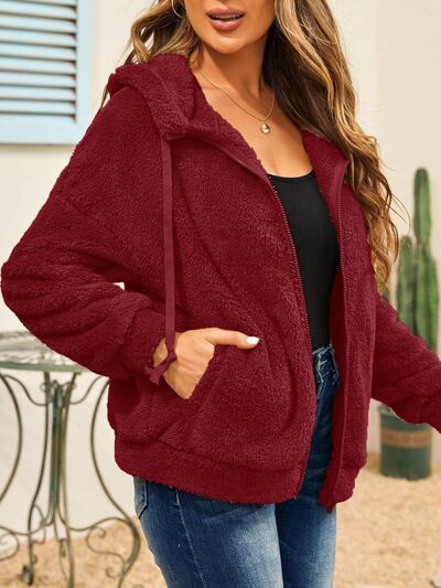 Drawstring Zip Up Hooded Plush Jacket