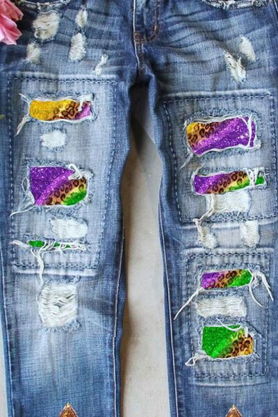 Mardi Gras Sequin Distressed Straight Jeans